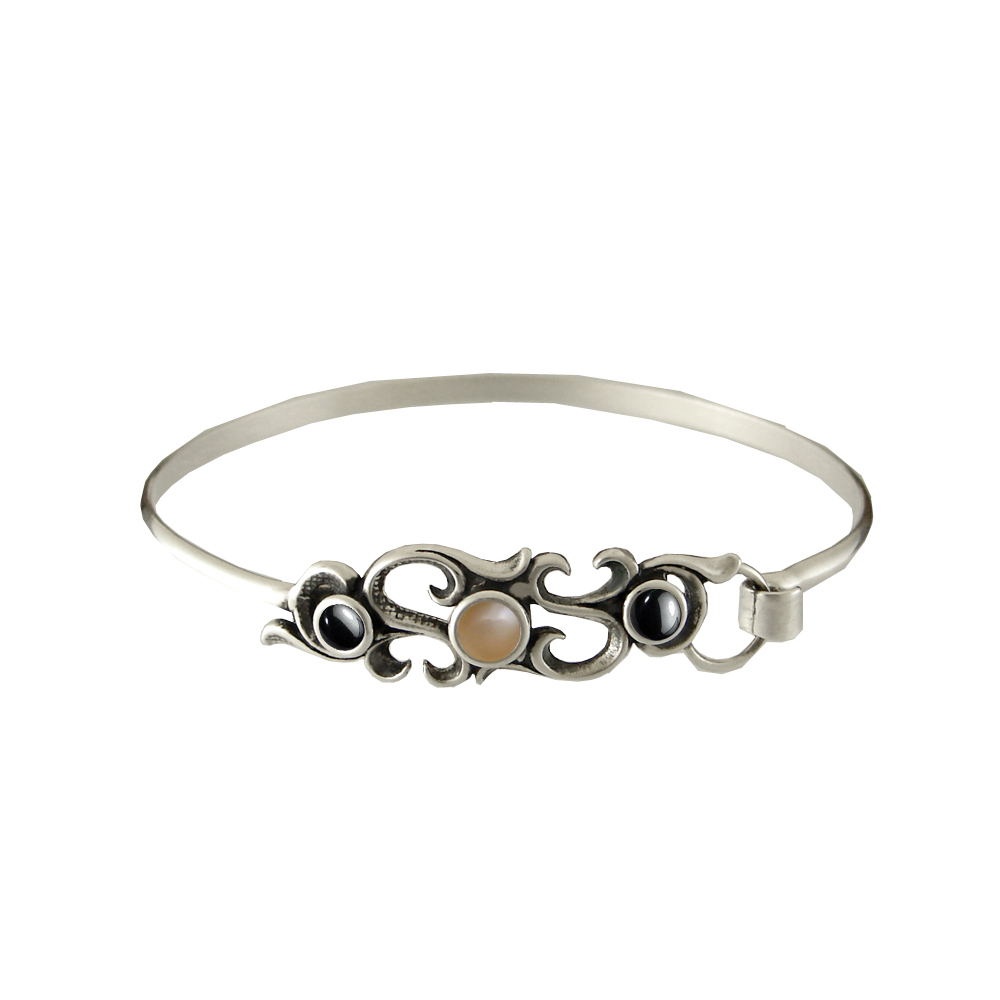 Sterling Silver Victorian Strap Latch Spring Hook Bangle Bracelet with Peach Moonstone And Hematite
